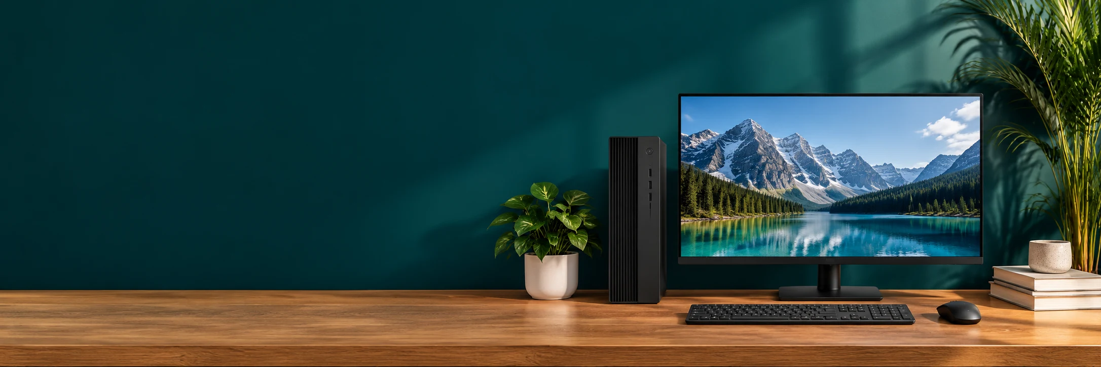 Desktop computer and accessories in a teal office